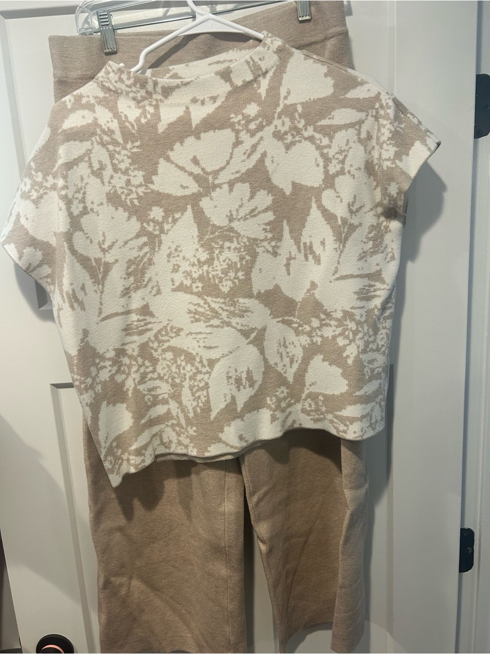 Jolie Beige and White Floral Knit Top and Pant Set